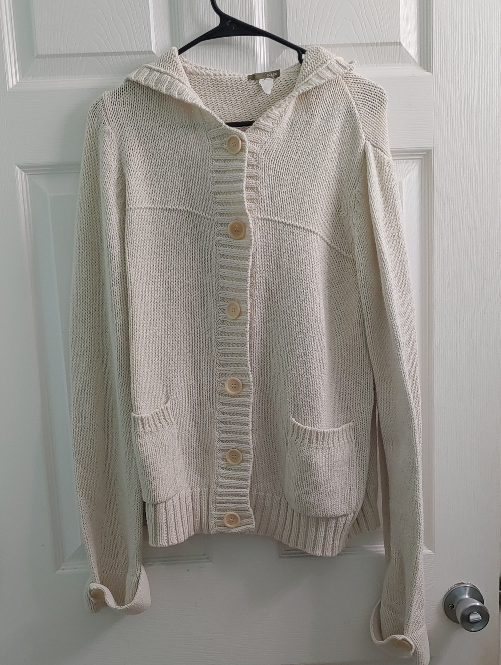 Vintage Y2K J. Crew Hooded Cardigan Women's Knit Cream Cotton Sweater Size L